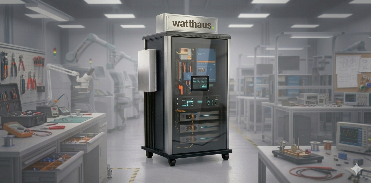 Laboratorio Watthaus con racks de equipo fotovoltaico certificado y probado antes de envío